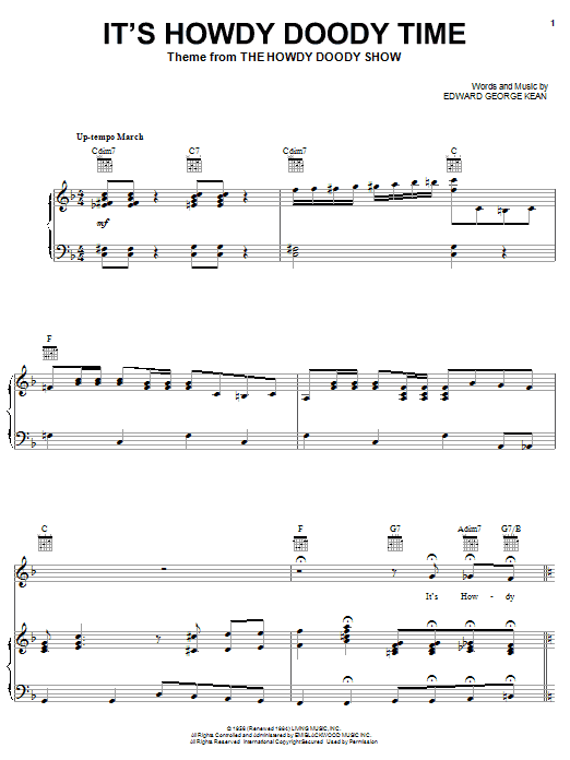 Learn to play Edward George Kean It's Howdy Doody Time (theme from The Howdy Doody Show) sheet music for Piano, Vocal & Guitar (Right-Hand Melody) in minutes. Edward George Kean It's Howdy Doody Time (theme from The Howdy Doody Show) sheet music notes and chords