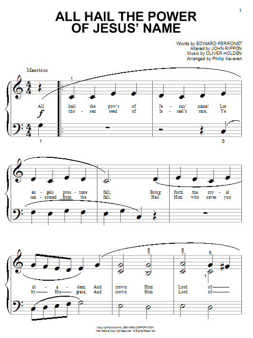 Learn to play Edward Perronet All Hail The Power Of Jesus' Name sheet music for Piano in minutes. Edward Perronet All Hail The Power Of Jesus' Name sheet music preview music notes and score for Piano including 2 page(s)