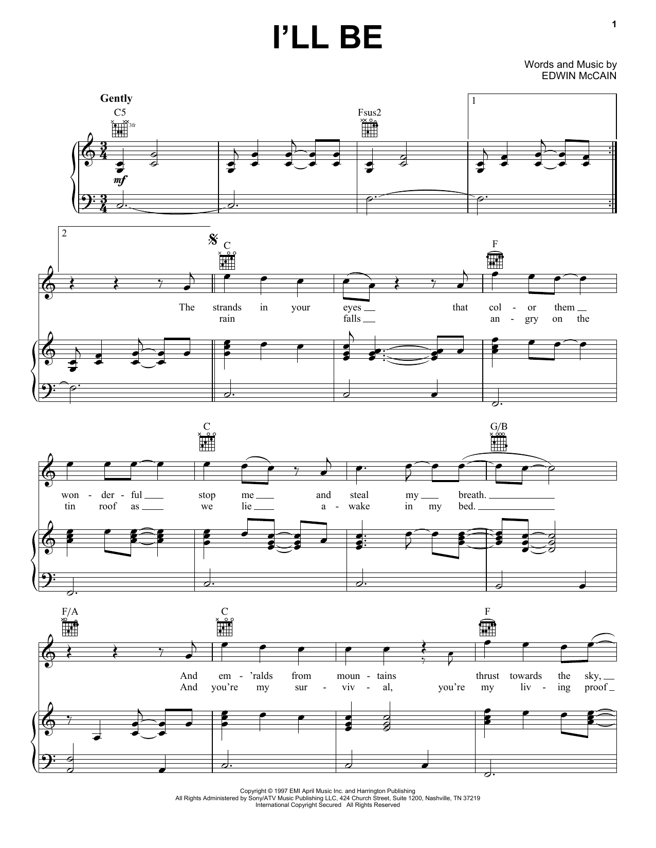 Learn to play Edwin McCain I'll Be sheet music for Piano in minutes. Edwin McCain I'll Be sheet music preview music notes and score for Piano including 8 page(s)