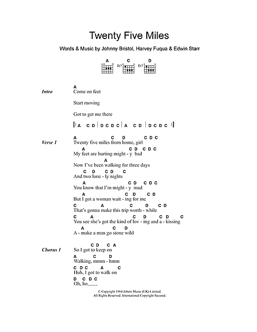 Learn to play Edwin Starr Twenty Five Miles sheet music for Lyrics & Chords in minutes. Edwin Starr Twenty Five Miles sheet music notes and chords