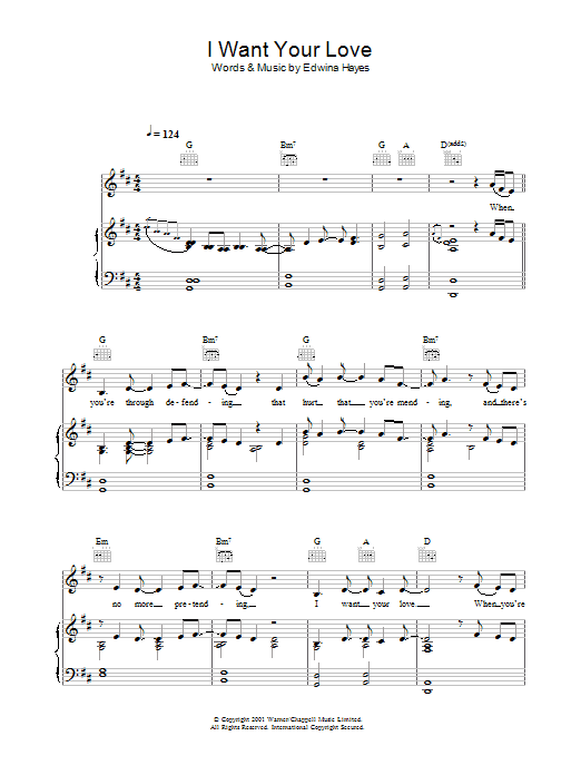 Edwina Hayes I Want Your Love sheet music preview music notes and score for Piano, Vocal & Guitar (Right-Hand Melody) including 6 page(s)