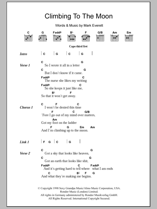 Eels Climbing To The Moon sheet music, chords, lyrics - Printable PDF for Lyrics & Chords