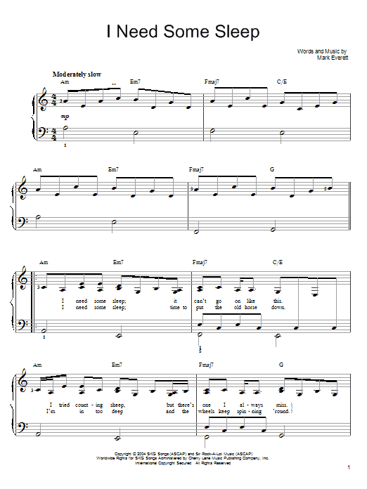Eels I Need Some Sleep sheet music, chords, lyrics - Printable PDF for Easy Piano