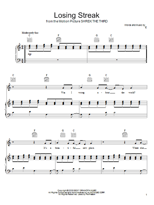 Eels Losing Streak sheet music, chords, lyrics - Printable PDF for Piano, Vocal & Guitar (Right-Hand Melody)