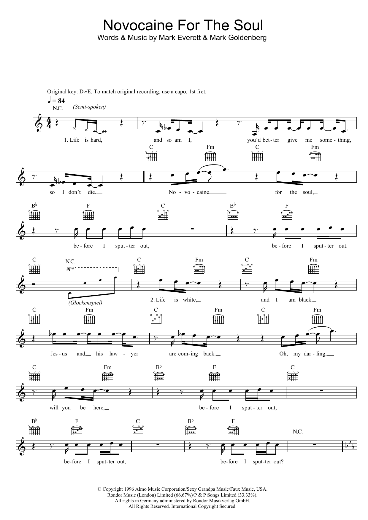 Eels Novocaine For The Soul sheet music, chords, lyrics - Printable PDF for Melody Line, Lyrics & Chords