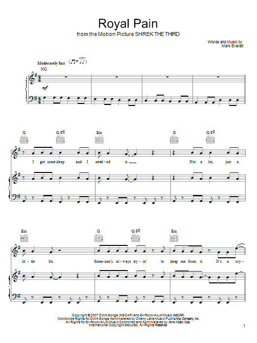 Eels Royal Pain sheet music, chords, lyrics - Printable PDF for Piano, Vocal & Guitar (Right-Hand Melody)