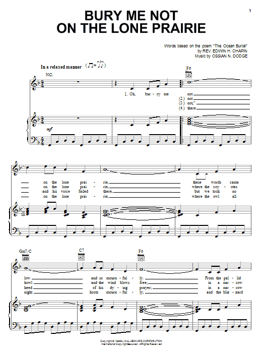 Download Edwin H. Chapin Bury Me Not On The Lone Prairie sheet music notes and chords for Piano, Vocal & Guitar (Right-Hand Melody) - Download Printable PDF and start playing in minutes.