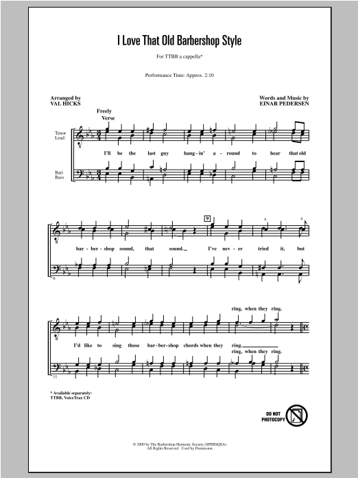 Val Hicks I Love That Old Barbershop Style sheet music, chords, lyrics - Printable PDF for TTBB