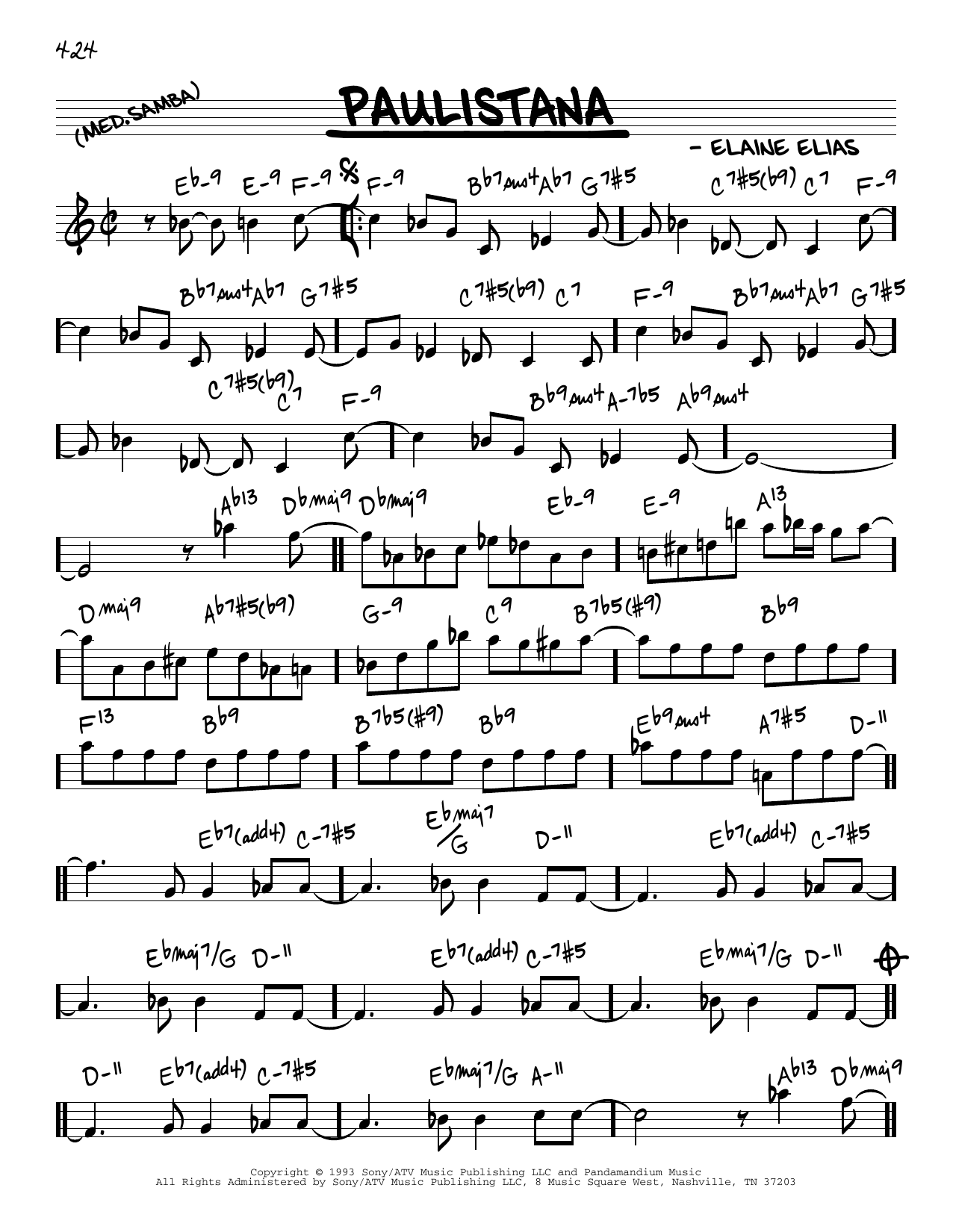 Learn to play Elaine Elias Paulistana sheet music for Real Book – Melody & Chords in minutes. Elaine Elias Paulistana sheet music preview music notes and score for Real Book – Melody & Chords including 2 page(s)