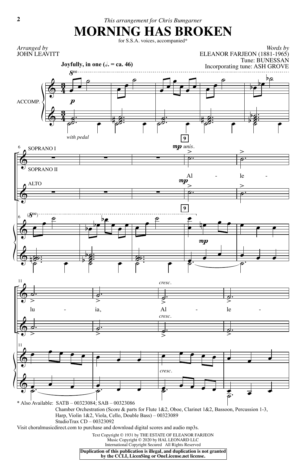 Eleanor Farjeon Morning Has Broken (arr. John Leavitt) sheet music, chords, lyrics - Printable PDF for SATB Choir