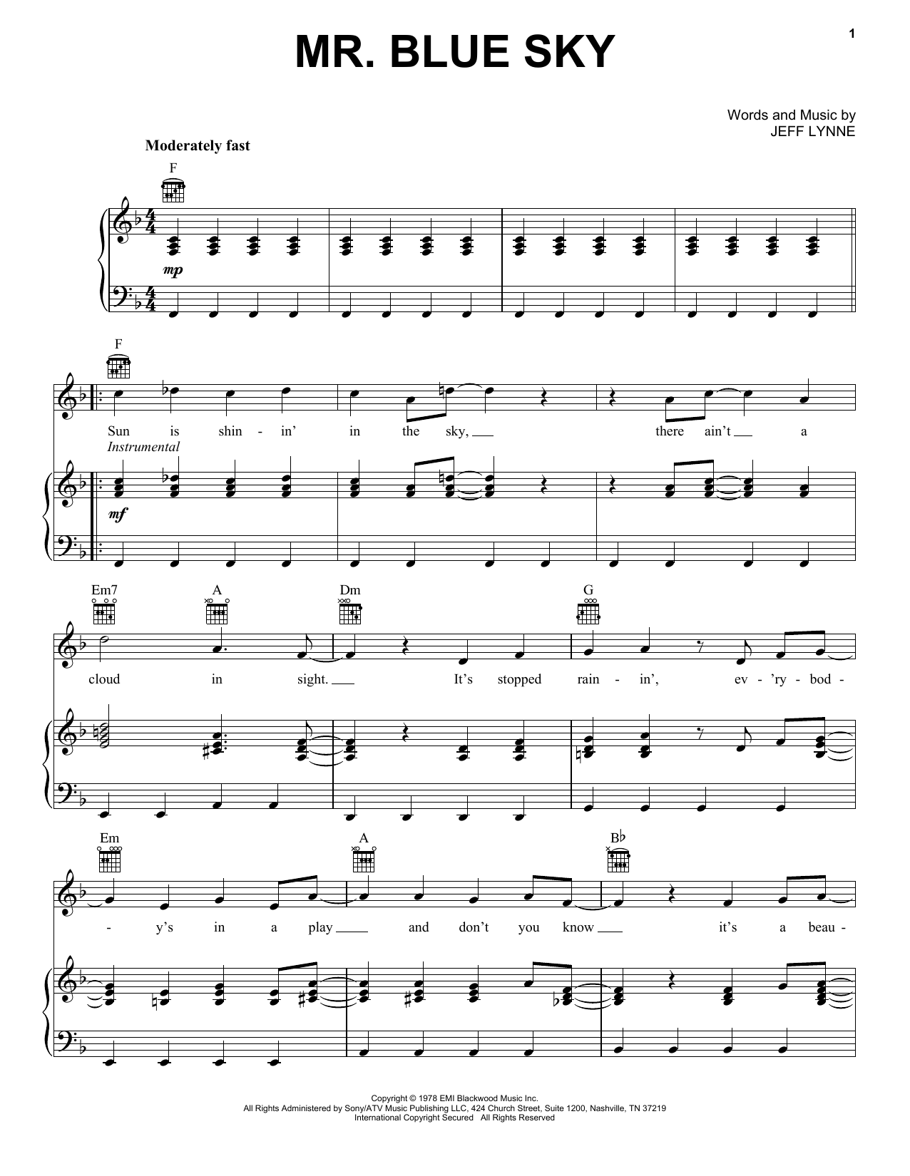 Electric Light Orchestra Mr. Blue Sky sheet music preview music notes and score for Piano, Vocal & Guitar (Right-Hand Melody) including 7 page(s)