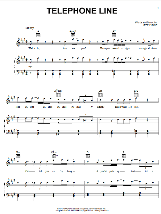 Learn to play Electric Light Orchestra Telephone Line sheet music for Piano, Vocal & Guitar (Right-Hand Melody) in minutes. Electric Light Orchestra Telephone Line sheet music preview music notes and score for Piano, Vocal & Guitar (Right-Hand Melody) including 5 page(s)