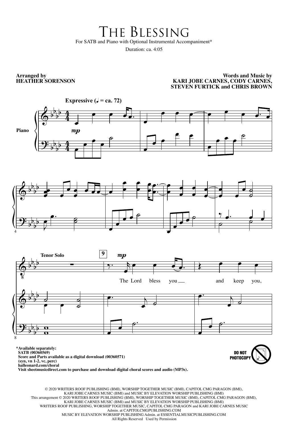 Kari Jobe, Cody Carnes & Elevation Worship The Blessing (arr. Heather Sorenson) sheet music, chords, lyrics - Printable PDF for SSAA Choir