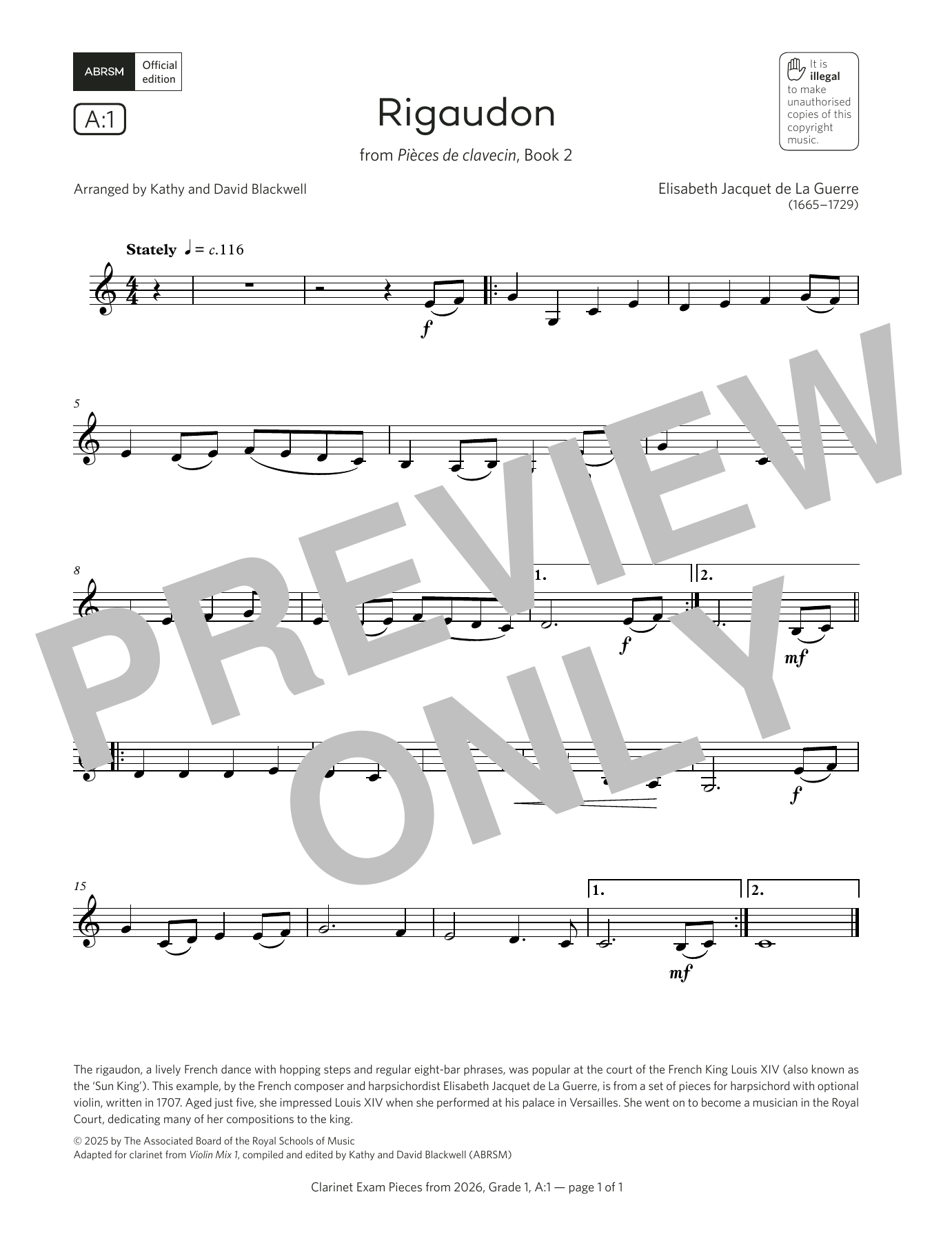 Elisabeth Jacquet de La Guerre Rigaudon (Grade 1, list A1, from the ABRSM Clarinet Syllabus from 2026) sheet music, chords, lyrics - Printable PDF for Clarinet Solo