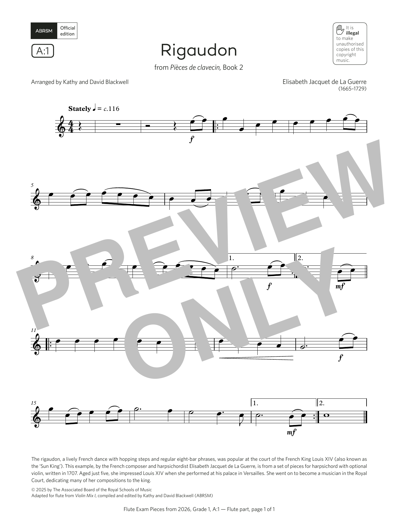 Elisabeth Jacquet de La Guerre Rigaudon (Grade 1, list A1, from the ABRSM Flute Syllabus from 2026) sheet music, chords, lyrics - Printable PDF for Flute Solo