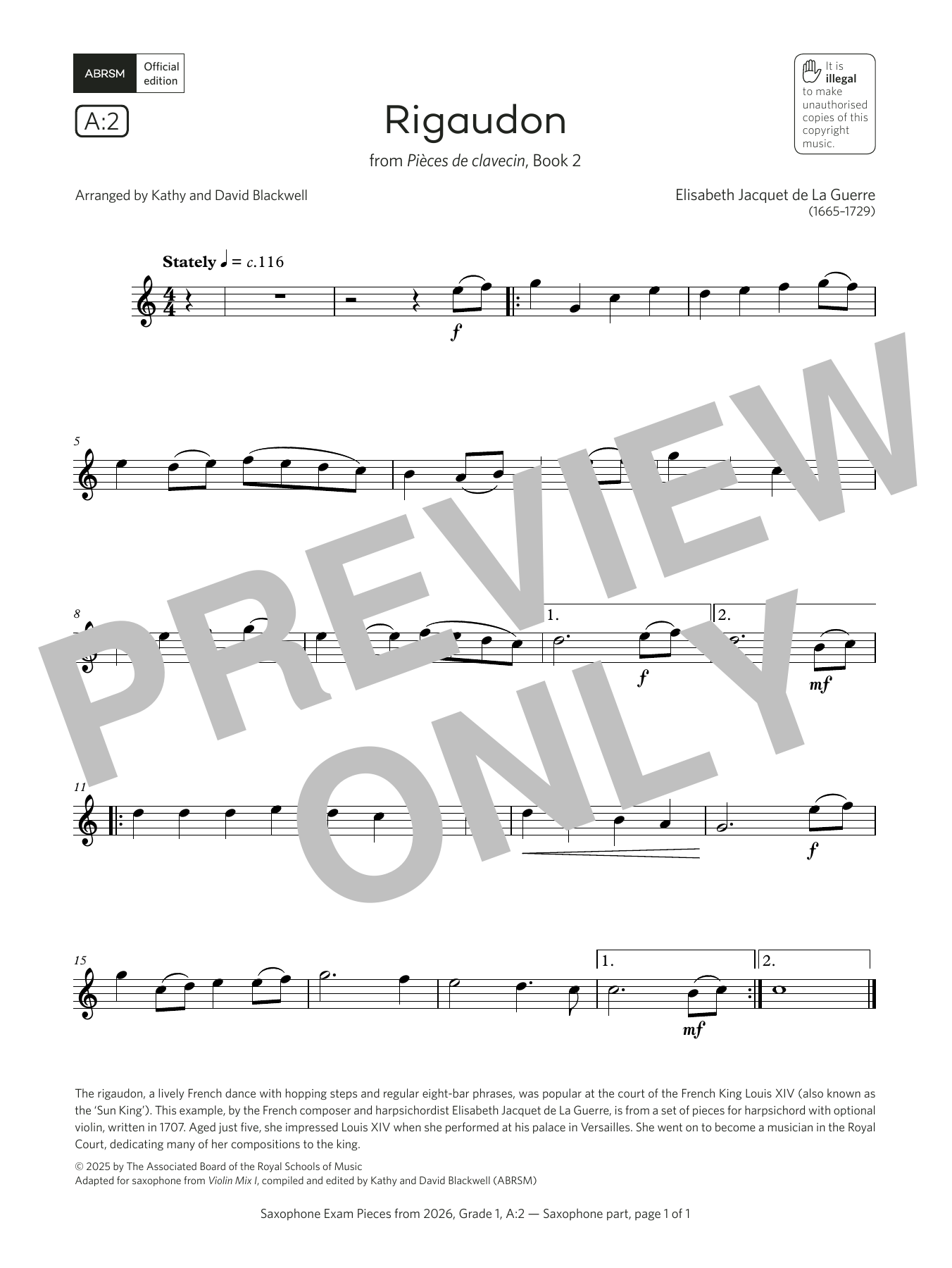 Elisabeth Jacquet de La Guerre Rigaudon (Grade 1, list A2, from the ABRSM Saxophone Syllabus from 2026) sheet music, chords, lyrics - Printable PDF for Alto Sax Solo