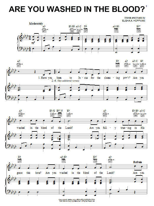 Elisha A. Hoffman Are You Washed In The Blood? sheet music preview music notes and score for Piano, Vocal & Guitar (Right-Hand Melody) including 2 page(s)