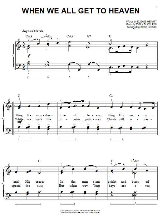 Learn to play Eliza E. Hewitt When We All Get To Heaven sheet music for Piano in minutes. Eliza E. Hewitt When We All Get To Heaven sheet music preview music notes and score for Piano including 4 page(s)