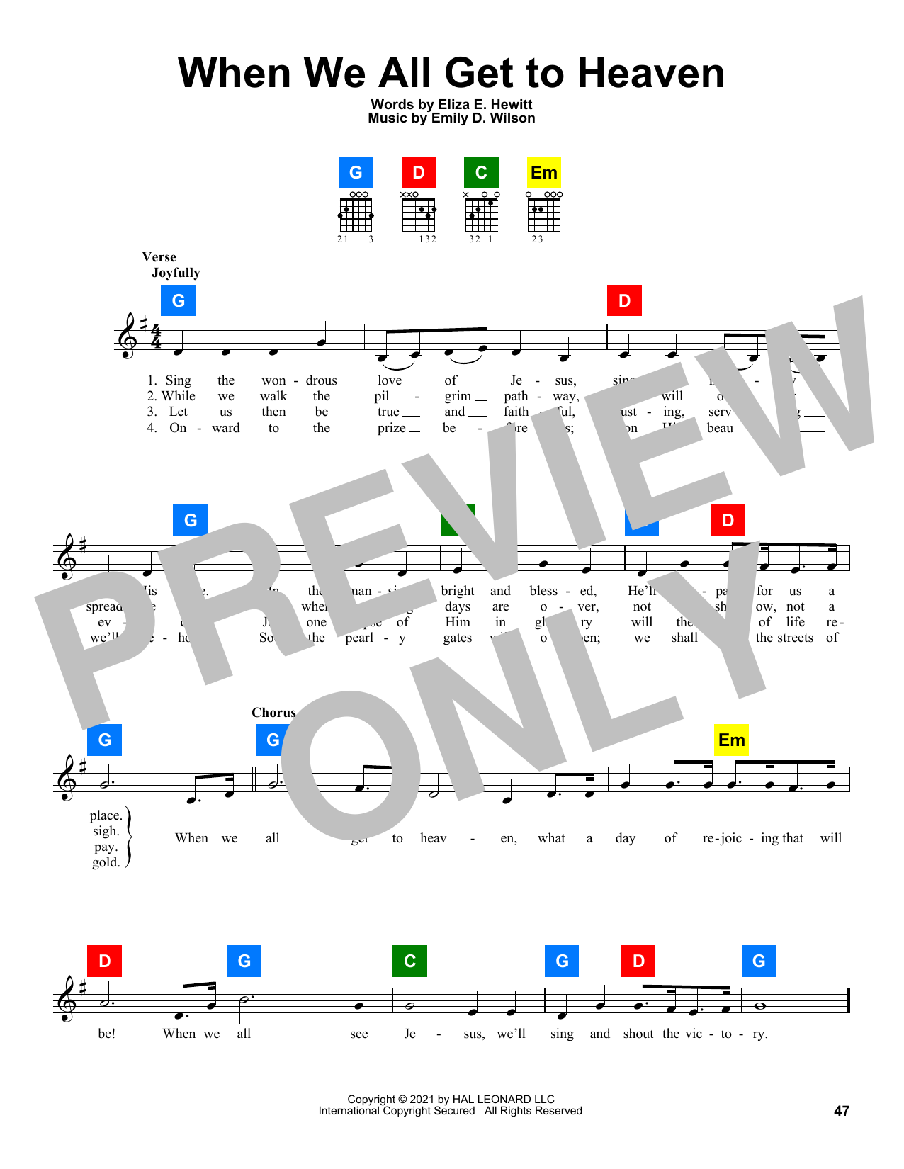 Learn to play Eliza E. Hewitt When We All Get To Heaven sheet music for Piano in minutes. Eliza E. Hewitt When We All Get To Heaven sheet music preview music notes and score for Piano including 4 page(s)