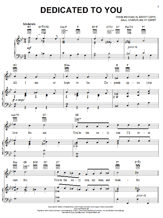 Learn to play Ella Fitzgerald Dedicated To You sheet music for Piano, Vocal & Guitar (Right-Hand Melody) in minutes. Ella Fitzgerald Dedicated To You sheet music preview music notes and score for Piano, Vocal & Guitar (Right-Hand Melody) including 4 page(s)