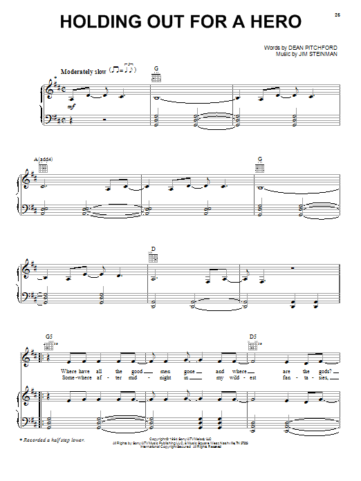 Learn to play Ella Mae Bowen Holding Out For A Hero sheet music for Piano, Vocal & Guitar (Right-Hand Melody) in minutes. Ella Mae Bowen Holding Out For A Hero sheet music preview music notes and score for Piano, Vocal & Guitar (Right-Hand Melody) including 8 page(s)