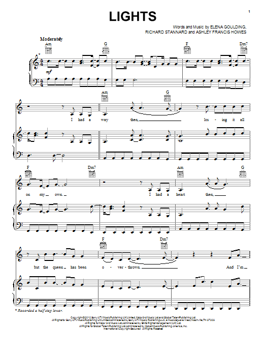 Learn to play Ellie Goulding Lights sheet music for Piano, Vocal & Guitar (Right-Hand Melody) in minutes. Ellie Goulding Lights sheet music preview music notes and score for Piano, Vocal & Guitar (Right-Hand Melody) including 6 page(s)