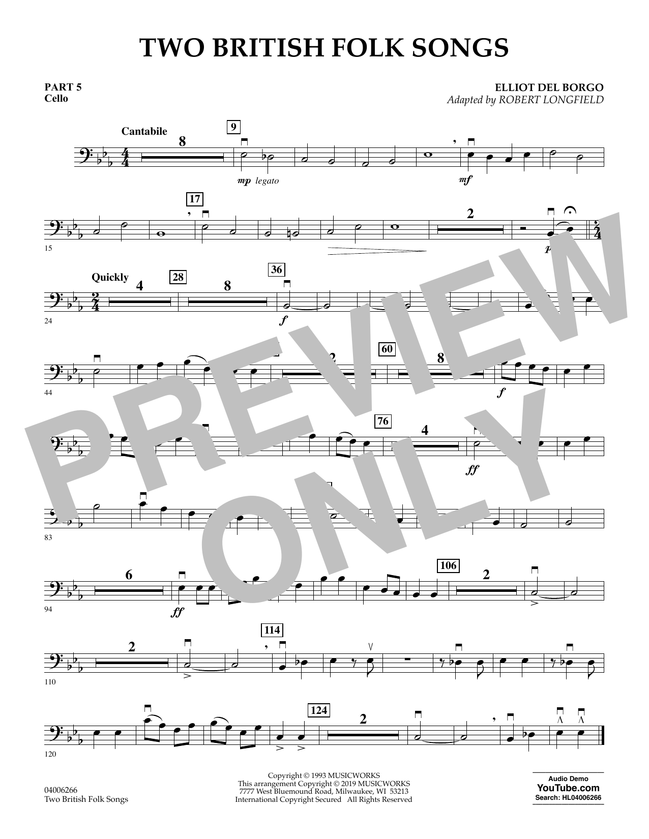 Elliot Del Borgo Two British Folk Songs (arr. Robert Longfield) - Pt.5 - Cello sheet music preview music notes and score for Concert Band including 1 page(s)