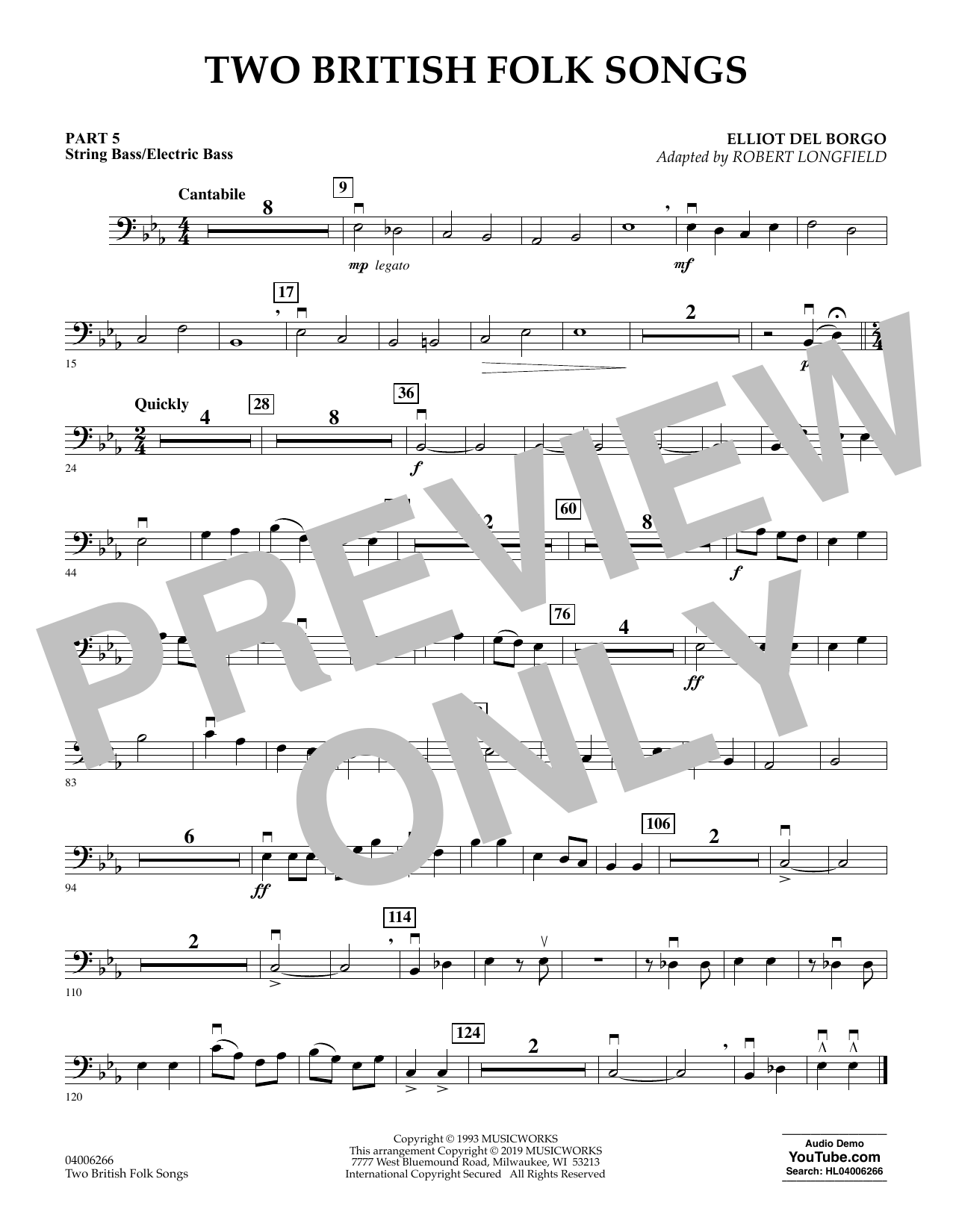 Elliot Del Borgo Two British Folk Songs (arr. Robert Longfield) - Pt.5 - String/Electric Bass sheet music preview music notes and score for Concert Band including 1 page(s)