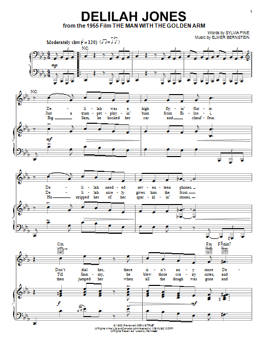 Learn to play Elmer Bernstein Delilah Jones sheet music for Piano, Vocal & Guitar (Right-Hand Melody) in minutes. Elmer Bernstein Delilah Jones sheet music preview music notes and score for Piano, Vocal & Guitar (Right-Hand Melody) including 3 page(s)