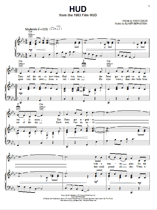 Learn to play Elmer Bernstein Hud sheet music for Piano, Vocal & Guitar (Right-Hand Melody) in minutes. Elmer Bernstein Hud sheet music preview music notes and score for Piano, Vocal & Guitar (Right-Hand Melody) including 5 page(s)