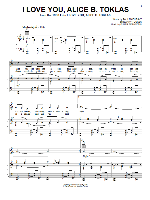 Learn to play Elmer Bernstein I Love You, Alice B. Toklas sheet music for Piano, Vocal & Guitar (Right-Hand Melody) in minutes. Elmer Bernstein I Love You, Alice B. Toklas sheet music preview music notes and score for Piano, Vocal & Guitar (Right-Hand Melody) including 4 page(s)