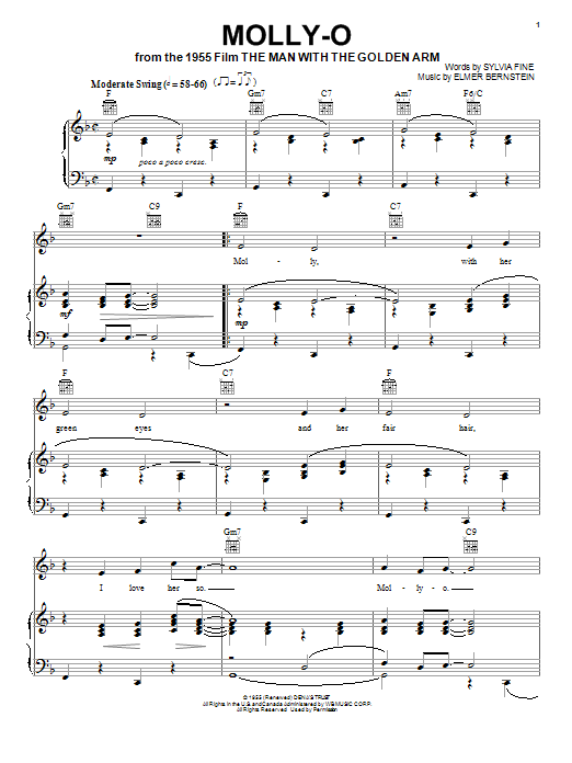 Learn to play Elmer Bernstein Molly-O sheet music for Piano, Vocal & Guitar (Right-Hand Melody) in minutes. Elmer Bernstein Molly-O sheet music preview music notes and score for Piano, Vocal & Guitar (Right-Hand Melody) including 3 page(s)