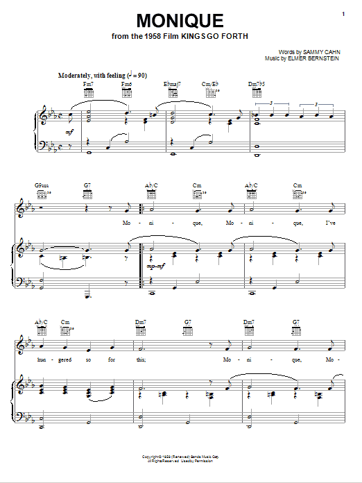 Learn to play Elmer Bernstein Monique sheet music for Piano, Vocal & Guitar (Right-Hand Melody) in minutes. Elmer Bernstein Monique sheet music notes and chords