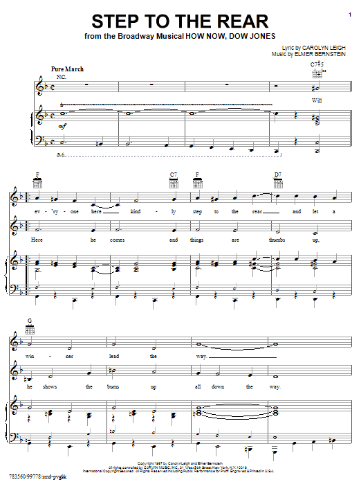 Learn to play Elmer Bernstein Step To The Rear sheet music for Piano, Vocal & Guitar (Right-Hand Melody) in minutes. Elmer Bernstein Step To The Rear sheet music preview music notes and score for Piano, Vocal & Guitar (Right-Hand Melody) including 4 page(s)