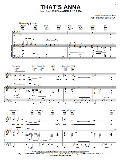 Learn to play Elmer Bernstein That's Anna sheet music for Piano, Vocal & Guitar (Right-Hand Melody) in minutes. Elmer Bernstein That's Anna sheet music preview music notes and score for Piano, Vocal & Guitar (Right-Hand Melody) including 4 page(s)