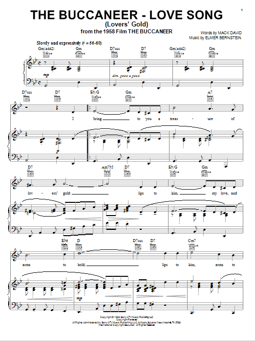 Learn to play Elmer Bernstein The Buccaneer - Love Song sheet music for Piano, Vocal & Guitar (Right-Hand Melody) in minutes. Elmer Bernstein The Buccaneer - Love Song sheet music preview music notes and score for Piano, Vocal & Guitar (Right-Hand Melody) including 3 page(s)