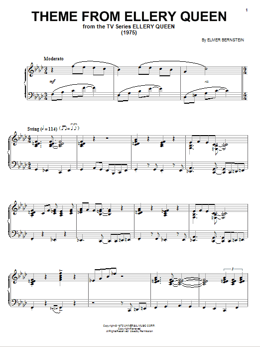 Learn to play Elmer Bernstein Theme from Ellery Queen sheet music for Piano in minutes. Elmer Bernstein Theme from Ellery Queen sheet music preview music notes and score for Piano including 2 page(s)