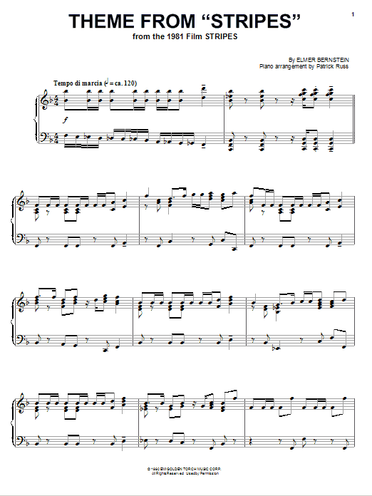 Learn to play Elmer Bernstein Theme from Stripes sheet music for Piano in minutes. Elmer Bernstein Theme from Stripes sheet music preview music notes and score for Piano including 4 page(s)