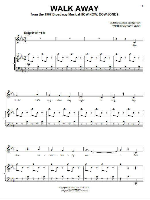 Learn to play Elmer Bernstein Walk Away sheet music for Piano, Vocal & Guitar (Right-Hand Melody) in minutes. Elmer Bernstein Walk Away sheet music preview music notes and score for Piano, Vocal & Guitar (Right-Hand Melody) including 7 page(s)