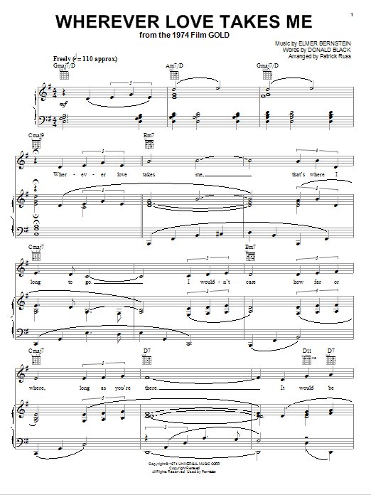 Elmer Bernstein Wherever Love Takes Me sheet music preview music notes and score for Piano, Vocal & Guitar (Right-Hand Melody) including 4 page(s)