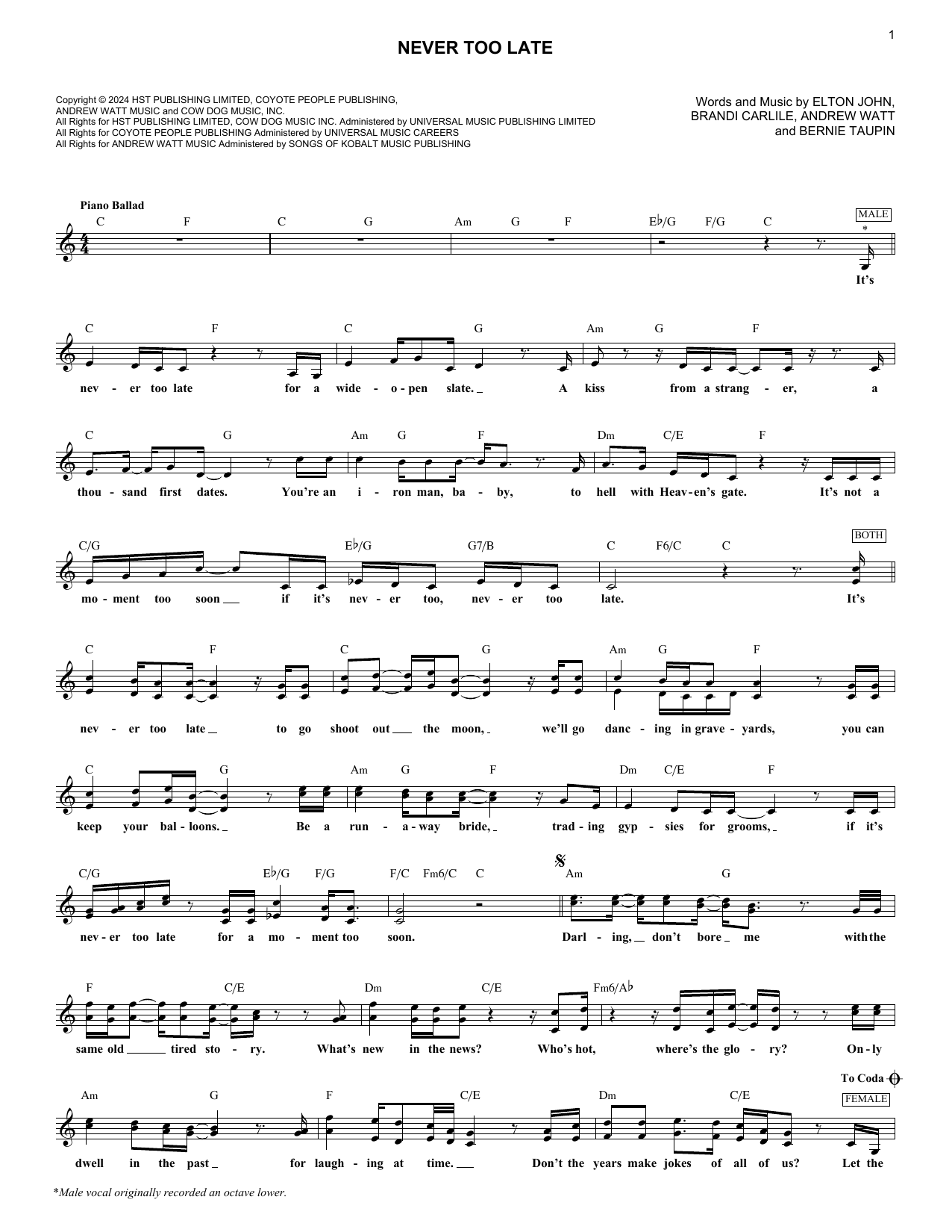 Elton John & Brandi Carlile Never Too Late sheet music, chords, lyrics - Printable PDF for Piano, Vocal & Guitar Chords (Right-Hand Melody)