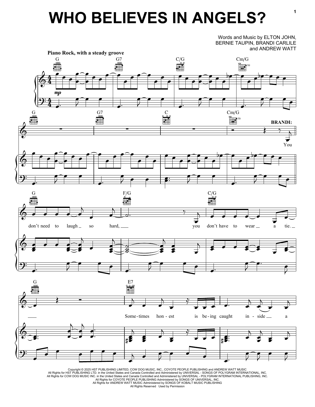 Elton John and Brandi Carlile Who Believes In Angels? sheet music, chords, lyrics - Printable PDF for Piano, Vocal & Guitar Chords (Right-Hand Melody)