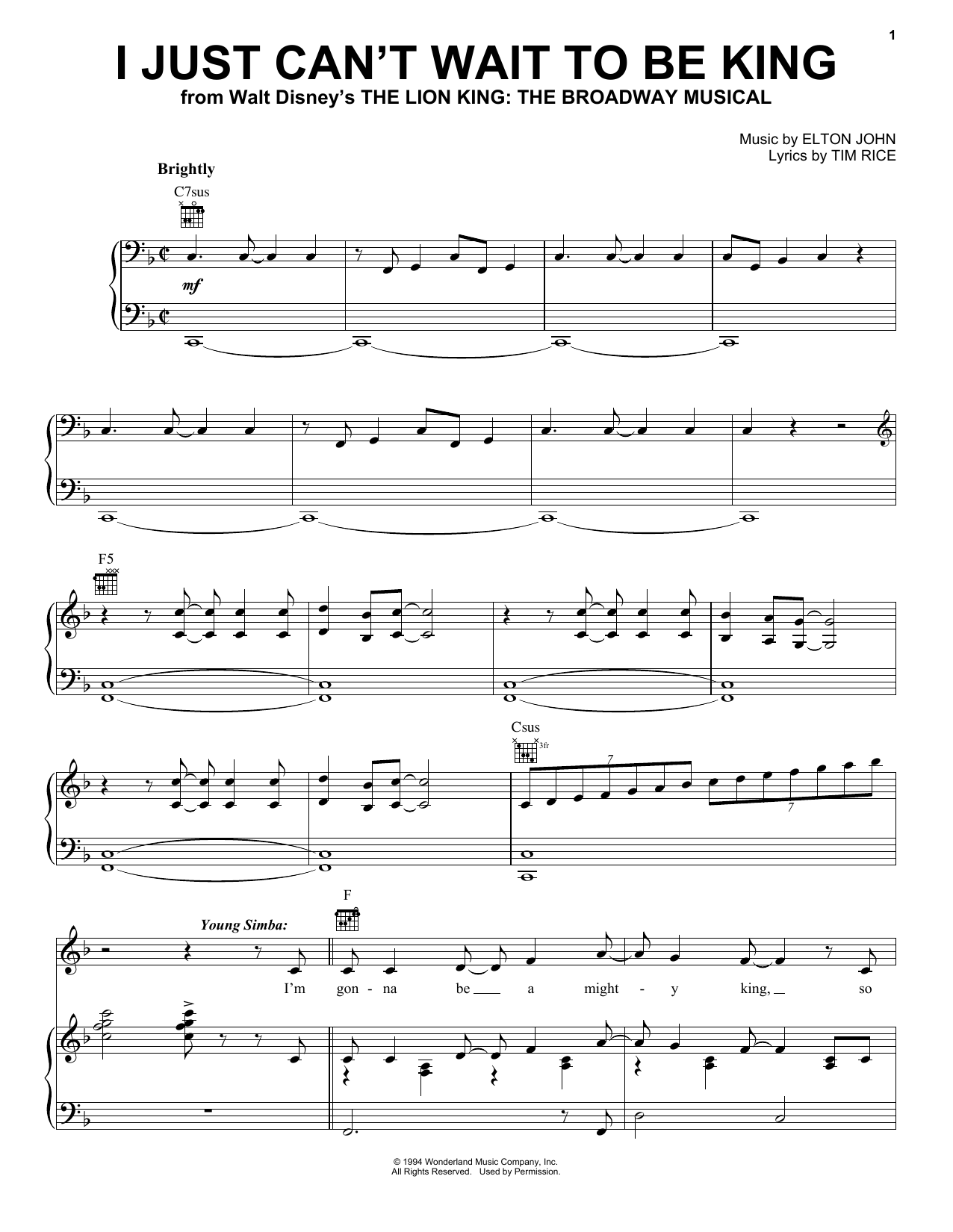 Download Elton John I Just Can't Wait To Be King sheet music notes and chords for Piano, Vocal & Guitar (Right-Hand Melody) - Download Printable PDF and start playing in minutes.