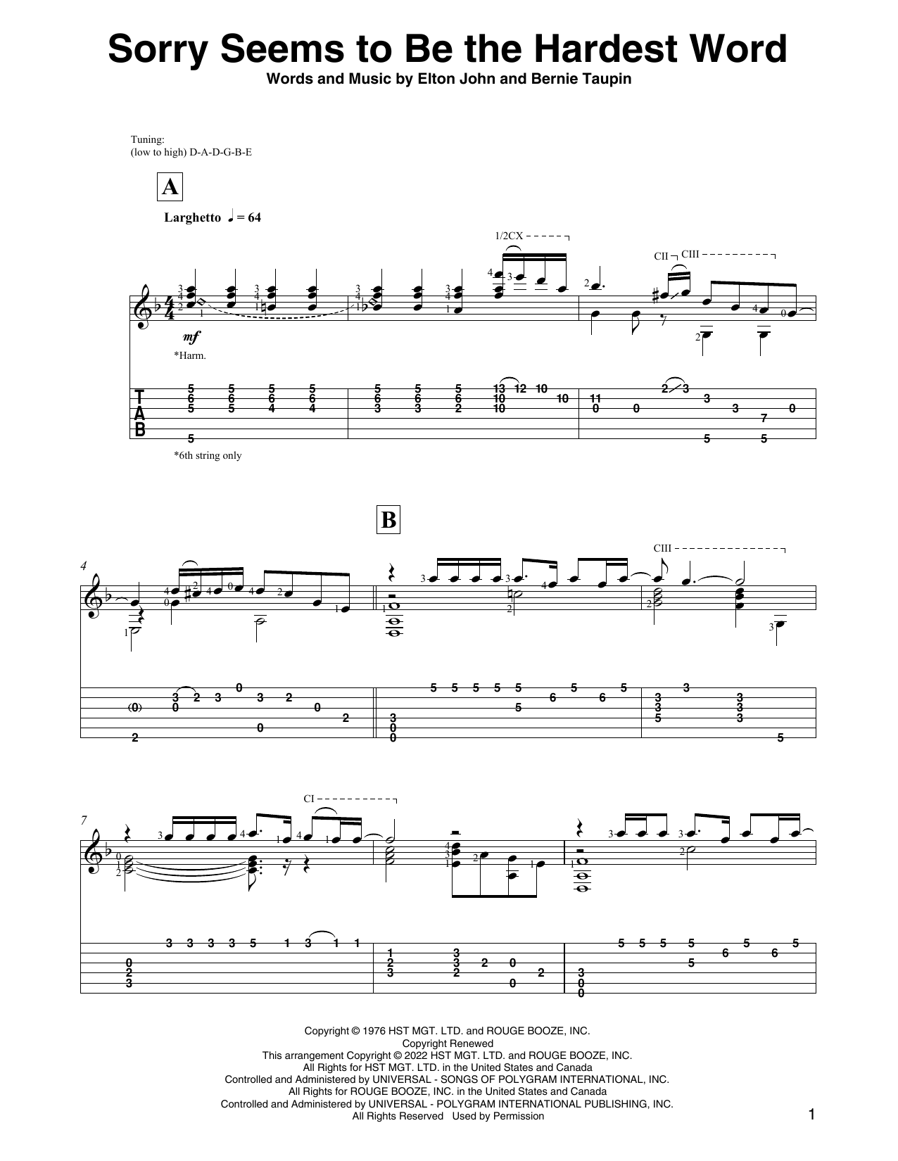 Elton John Sorry Seems To Be The Hardest Word (arr. David Jaggs) sheet music, chords, lyrics - Printable PDF for Solo Guitar