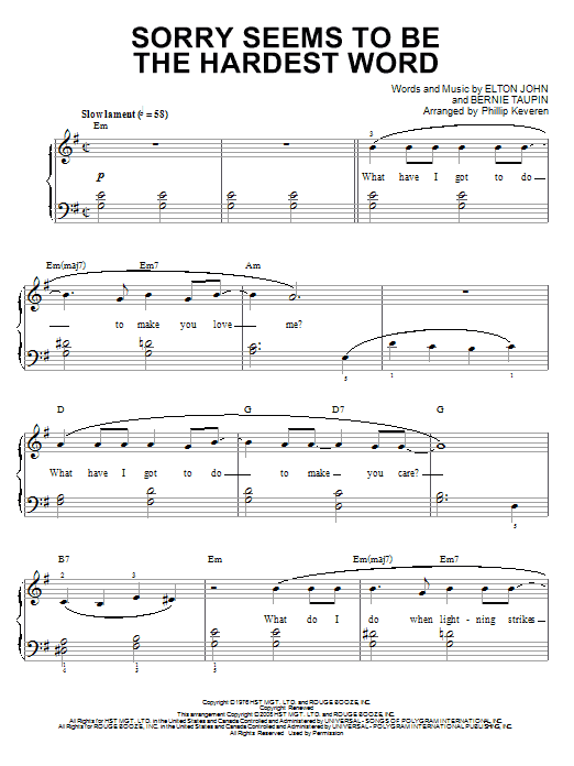 Elton John Sorry Seems To Be The Hardest Word sheet music, chords, lyrics - Printable PDF for Piano