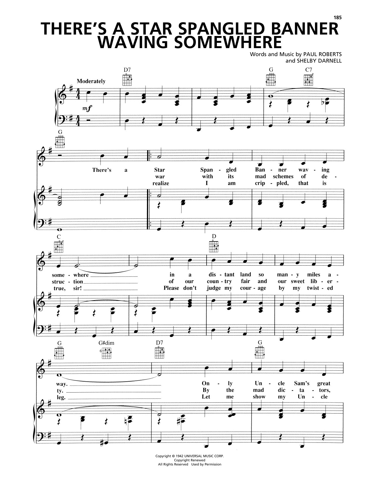 Learn to play Elton Britt There's A Star Spangled Banner Waving Somewhere sheet music for Piano, Vocal & Guitar (Right-Hand Melody) in minutes. Elton Britt There's A Star Spangled Banner Waving Somewhere sheet music preview music notes and score for Piano, Vocal & Guitar (Right-Hand Melody) including 3 page(s)