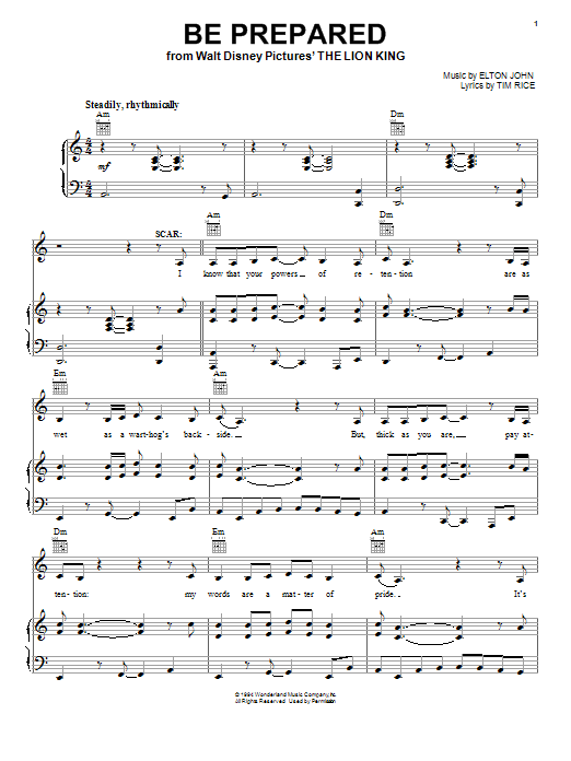 Learn to play Elton John Be Prepared sheet music for Piano, Vocal & Guitar (Right-Hand Melody) in minutes. Elton John Be Prepared sheet music preview music notes and score for Piano, Vocal & Guitar (Right-Hand Melody) including 8 page(s)
