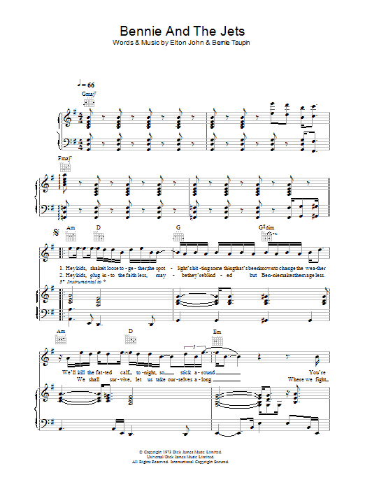 Elton John Bennie And The Jets sheet music preview music notes and score for Piano, Vocal & Guitar including 3 page(s)