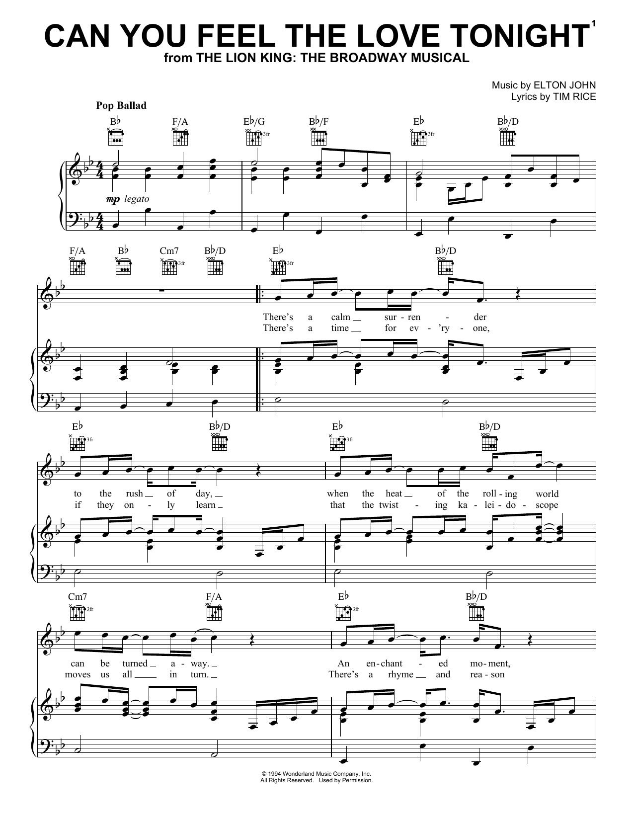 Elton John Can You Feel The Love Tonight sheet music preview music notes and score for Easy Piano including 5 page(s)