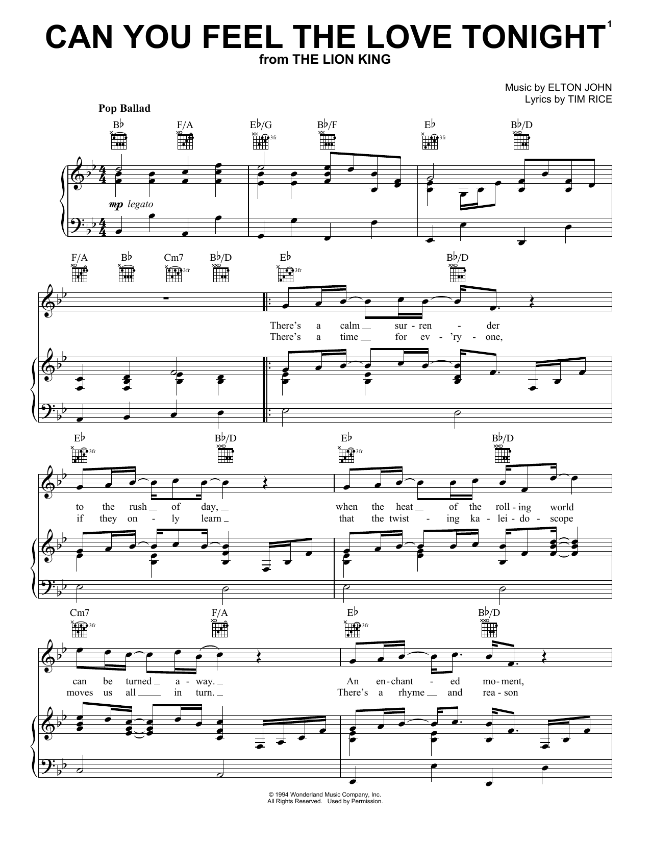 Learn to play Elton John Can You Feel The Love Tonight (from The Lion King) sheet music for Melody Line, Lyrics & Chords in minutes. Elton John Can You Feel The Love Tonight (from The Lion King) sheet music preview music notes and score for Melody Line, Lyrics & Chords including 2 page(s)